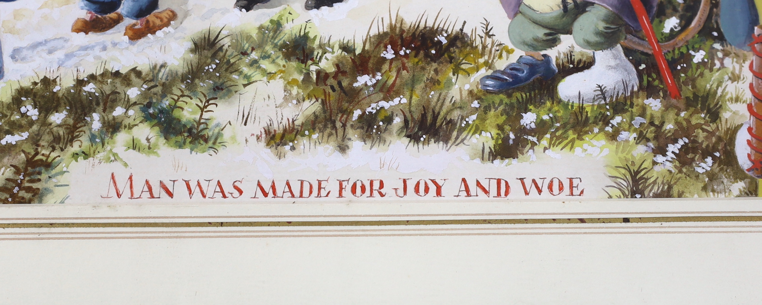 Norman Meredith (1909-2005), watercolour cartoon, 'Man was made for Joy and Woe', signed, inscribed and dated 1990, 36 x 53cm